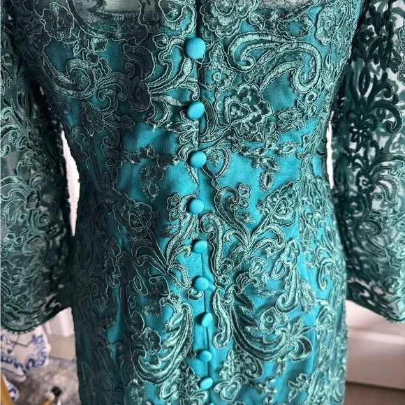 Mother Of The Bride Knee Length Chiffon Lace Formal Dress Teal Green SZ 12 NWOT - Picture 9 of 14